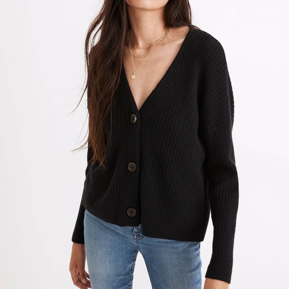 NWT Madewell Cameron Ribbed Cardigan Sweater in Black Size M